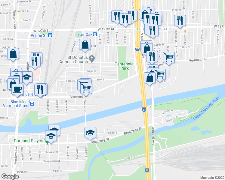 map of restaurants, bars, coffee shops, grocery stores, and more near 13029 Honore Street in Blue Island