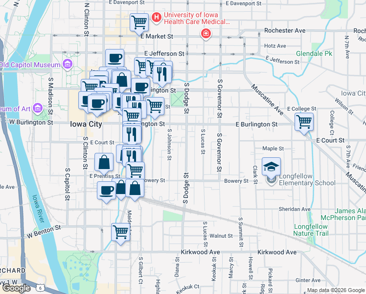 map of restaurants, bars, coffee shops, grocery stores, and more near 342 South Dodge Street in Iowa City