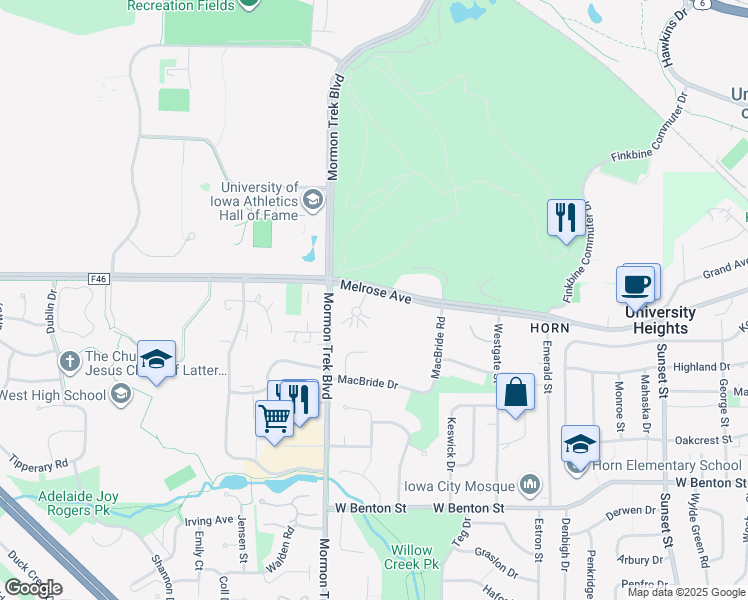 map of restaurants, bars, coffee shops, grocery stores, and more near 302 Finkbine Lane in Iowa City