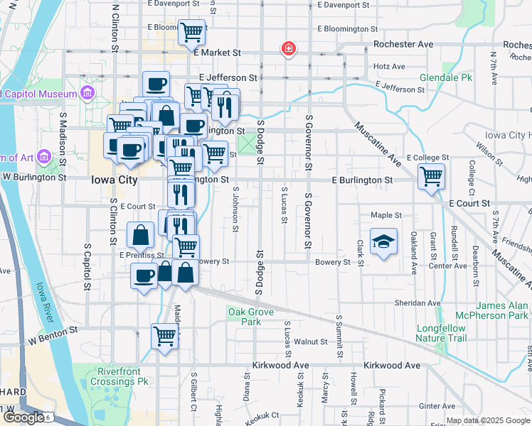 map of restaurants, bars, coffee shops, grocery stores, and more near 342 South Dodge Street in Iowa City