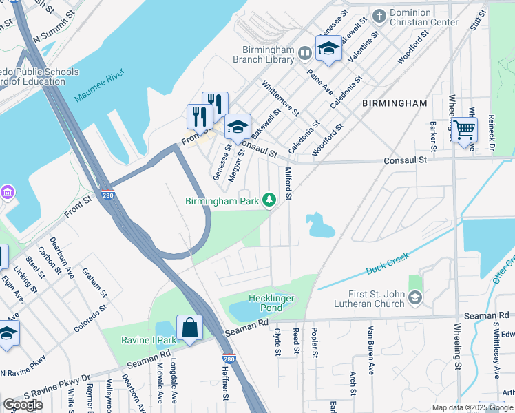 map of restaurants, bars, coffee shops, grocery stores, and more near 112 Birmingham Terrace in Toledo