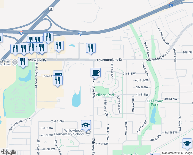 map of restaurants, bars, coffee shops, grocery stores, and more near 615 17th Avenue Northwest in Altoona