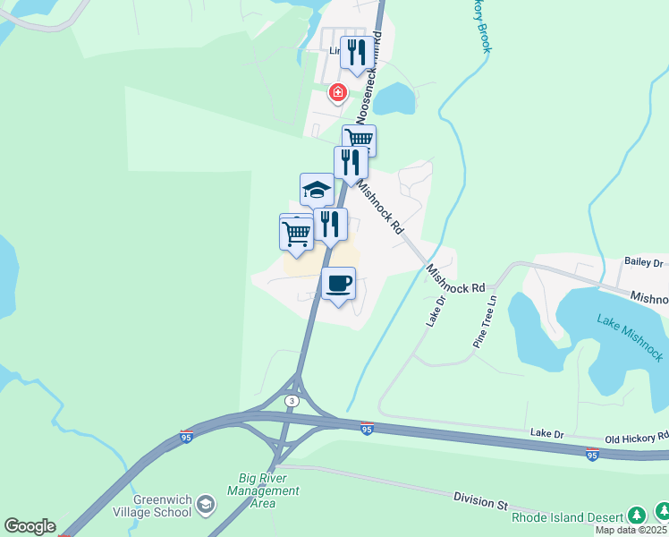 map of restaurants, bars, coffee shops, grocery stores, and more near 54 Nooseneck Hill Rd in West Greenwich