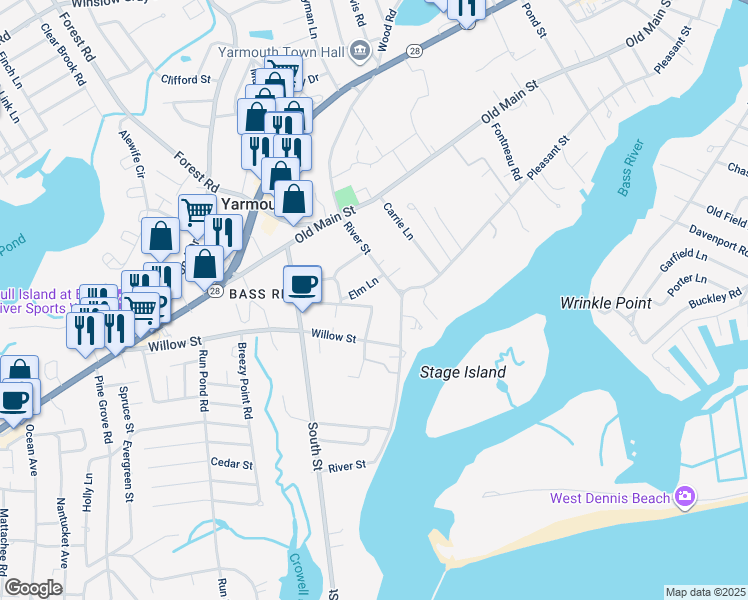 map of restaurants, bars, coffee shops, grocery stores, and more near 44 Sunset Drive in Yarmouth