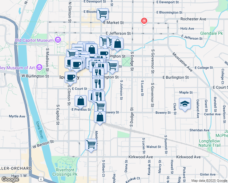 map of restaurants, bars, coffee shops, grocery stores, and more near 412 South Van Buren Street in Iowa City