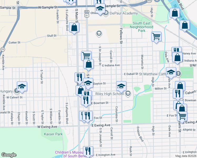 map of restaurants, bars, coffee shops, grocery stores, and more near 126 East Dubail Avenue in South Bend