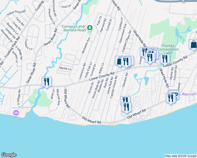 map of restaurants, bars, coffee shops, grocery stores, and more near 1 Kibby Lane in Dennis