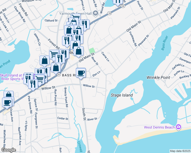 map of restaurants, bars, coffee shops, grocery stores, and more near 44 Sunset Drive in Yarmouth