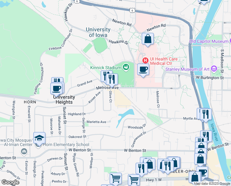 map of restaurants, bars, coffee shops, grocery stores, and more near 905 Melrose Avenue in Iowa City
