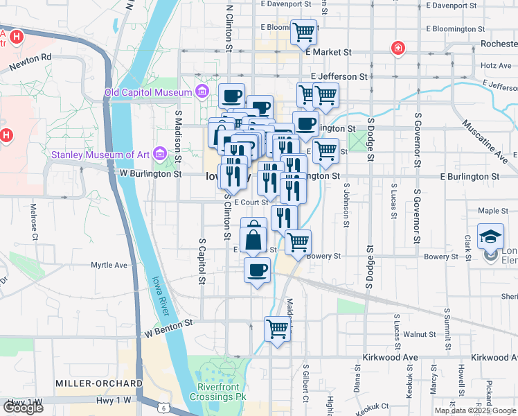 map of restaurants, bars, coffee shops, grocery stores, and more near 400 South Dubuque Street in Iowa City