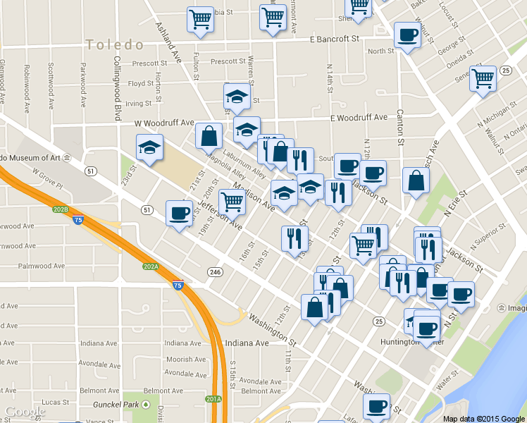 map of restaurants, bars, coffee shops, grocery stores, and more near 1603 Madison Ave in Toledo