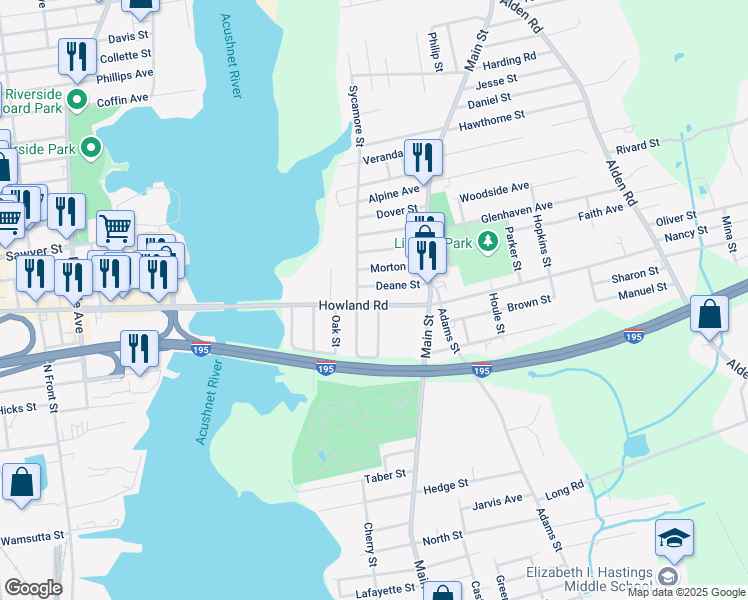 map of restaurants, bars, coffee shops, grocery stores, and more near 54 Howland Road in Fairhaven