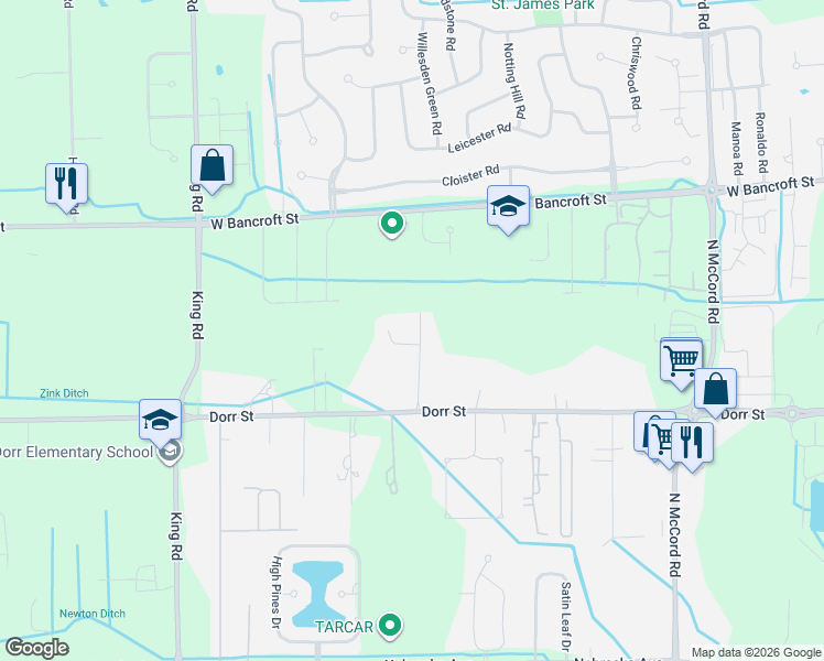 map of restaurants, bars, coffee shops, grocery stores, and more near 1802 Deer Trail Drive in Toledo
