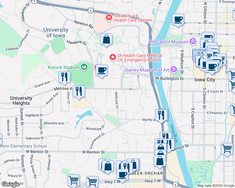 map of restaurants, bars, coffee shops, grocery stores, and more near 521 Melrose Avenue in Iowa City