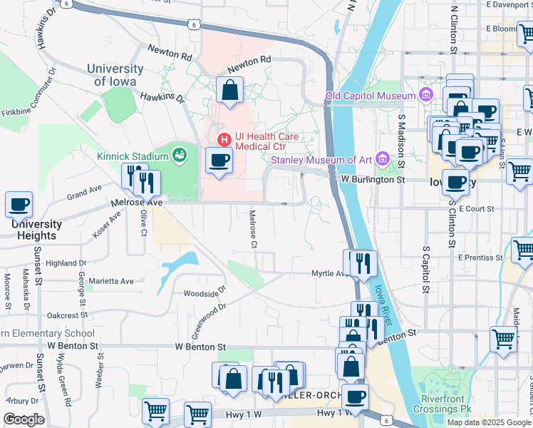 map of restaurants, bars, coffee shops, grocery stores, and more near 503 Melrose Avenue in Iowa City