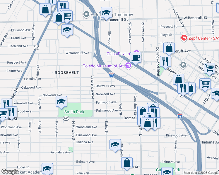 map of restaurants, bars, coffee shops, grocery stores, and more near 803 Oakwood Avenue in Toledo