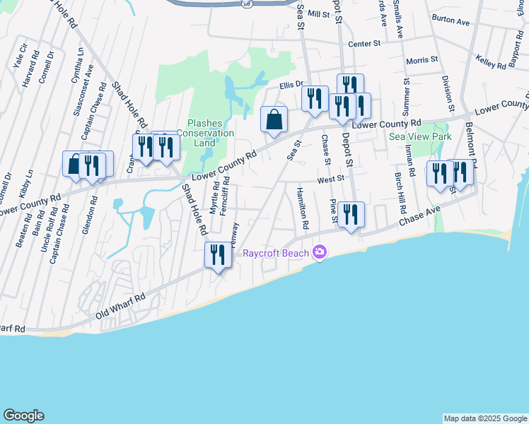 map of restaurants, bars, coffee shops, grocery stores, and more near 85 Sea Street in Dennis