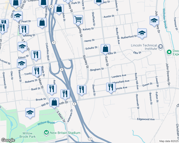 map of restaurants, bars, coffee shops, grocery stores, and more near 287 Stanley Street in New Britain