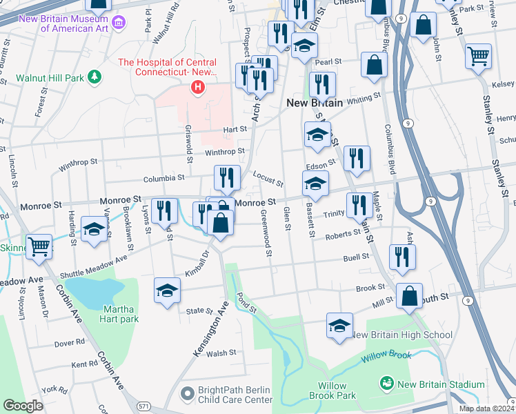 map of restaurants, bars, coffee shops, grocery stores, and more near 51 Greenwood Street in New Britain