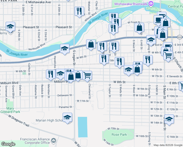 map of restaurants, bars, coffee shops, grocery stores, and more near 1010 West 7th Street in Mishawaka