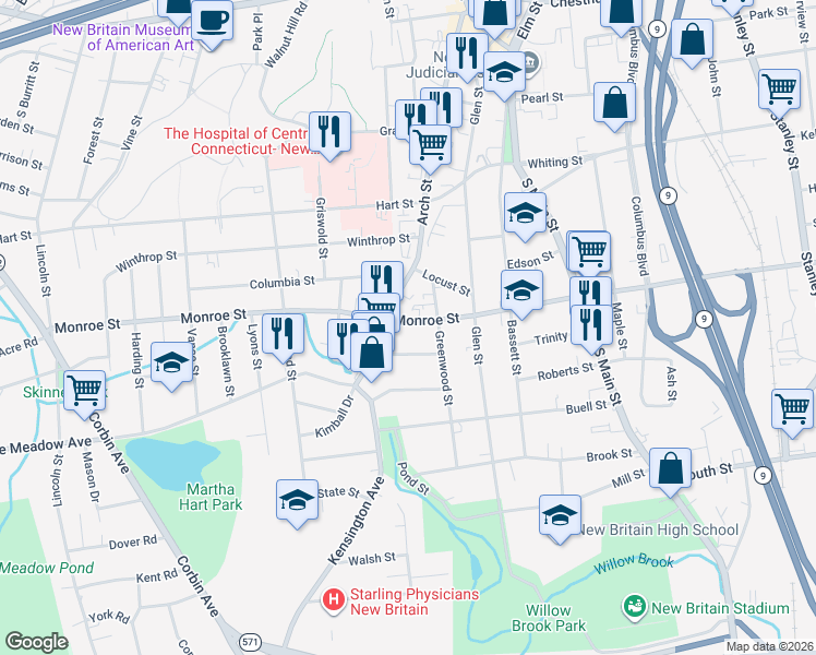map of restaurants, bars, coffee shops, grocery stores, and more near 90 Monroe Street in New Britain
