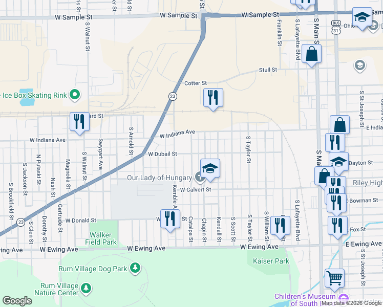 map of restaurants, bars, coffee shops, grocery stores, and more near 899 West Dubail Street in South Bend