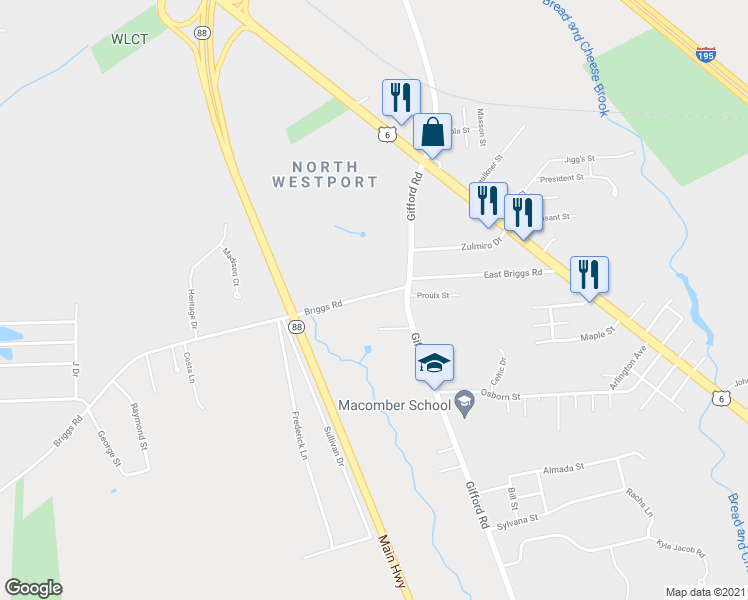 map of restaurants, bars, coffee shops, grocery stores, and more near 20 Briggs Road in Westport