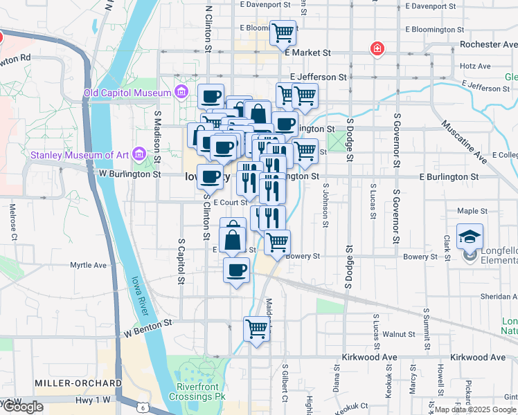 map of restaurants, bars, coffee shops, grocery stores, and more near 402 South Linn Street in Iowa City