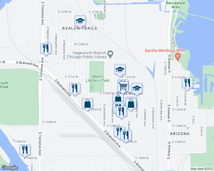 map of restaurants, bars, coffee shops, grocery stores, and more near 13133 South Carondolet Avenue in Chicago