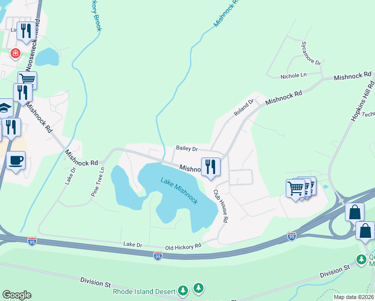 map of restaurants, bars, coffee shops, grocery stores, and more near 36 Bailey Dr in West Greenwich