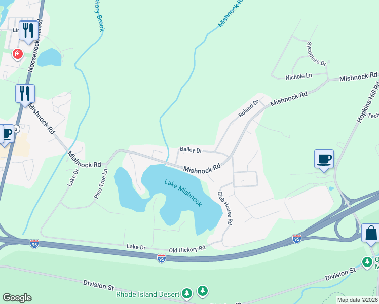 map of restaurants, bars, coffee shops, grocery stores, and more near 36 Bailey Drive in West Greenwich