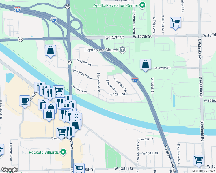 map of restaurants, bars, coffee shops, grocery stores, and more near 4556 West 129th Street in Alsip