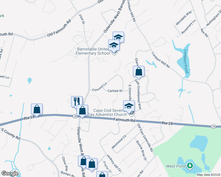 map of restaurants, bars, coffee shops, grocery stores, and more near 40 Carlisle Drive in Barnstable