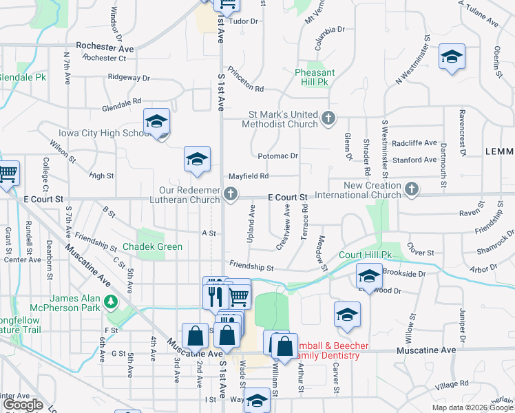 map of restaurants, bars, coffee shops, grocery stores, and more near 406 Upland Avenue in Iowa City