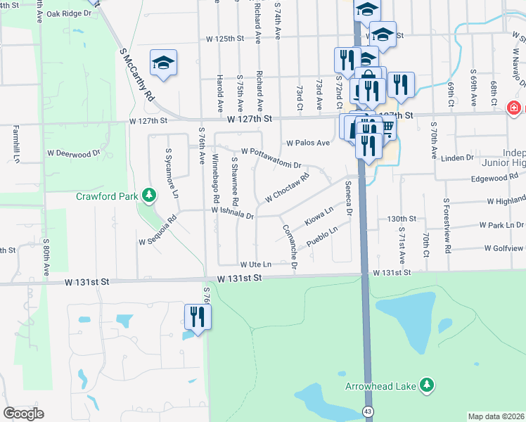 map of restaurants, bars, coffee shops, grocery stores, and more near 7430 West Ishnala Drive in Palos Heights