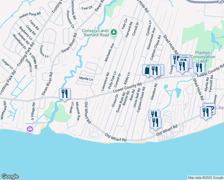map of restaurants, bars, coffee shops, grocery stores, and more near 14 Polly Fisk Lane in Dennis
