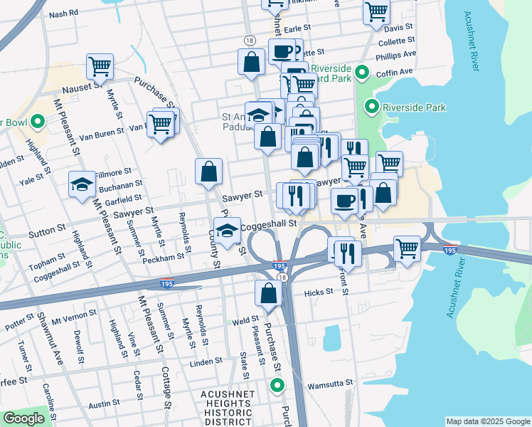 map of restaurants, bars, coffee shops, grocery stores, and more near 102 Ashley Boulevard in New Bedford