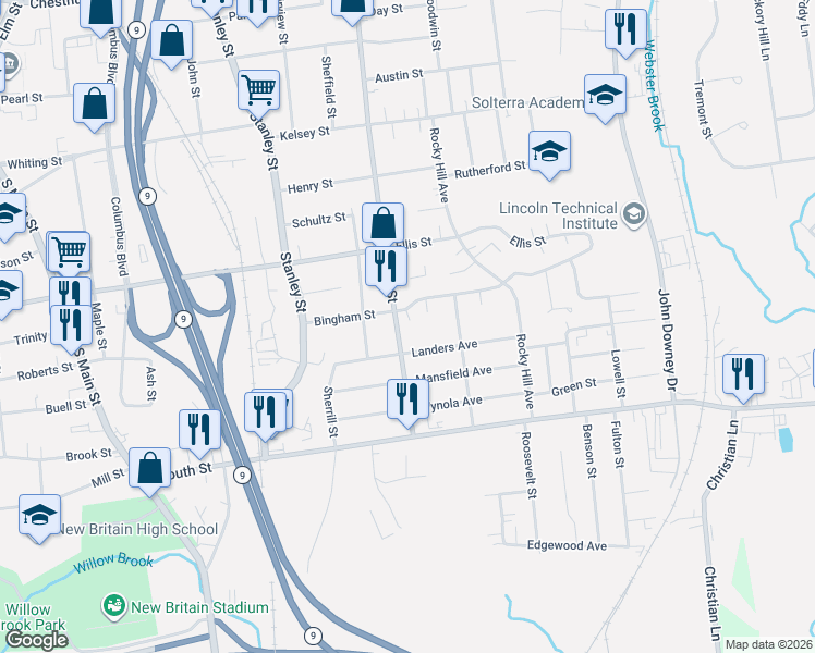 map of restaurants, bars, coffee shops, grocery stores, and more near 117 East Street in New Britain