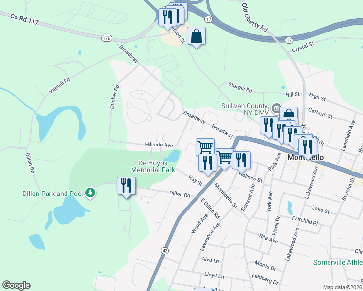 map of restaurants, bars, coffee shops, grocery stores, and more near 31 Hillside Avenue in Monticello