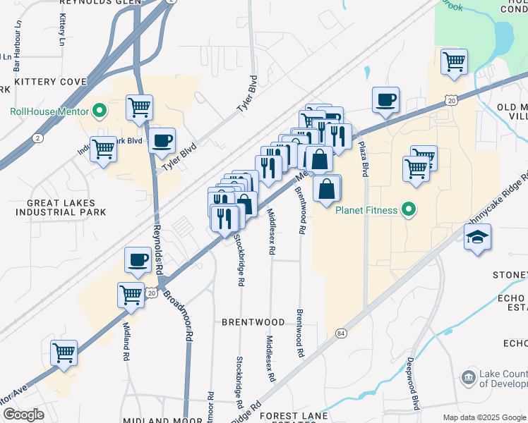 map of restaurants, bars, coffee shops, grocery stores, and more near 7587 Mentor Avenue in Mentor