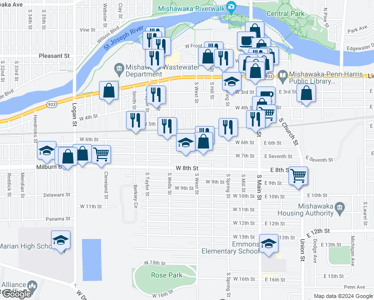 map of restaurants, bars, coffee shops, grocery stores, and more near 518 West 7th Street in Mishawaka
