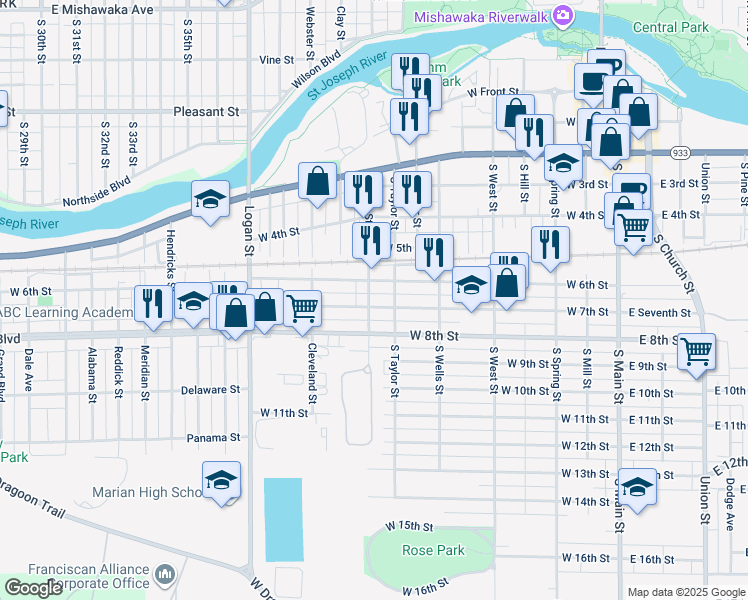 map of restaurants, bars, coffee shops, grocery stores, and more near 519 Smith Street in Mishawaka