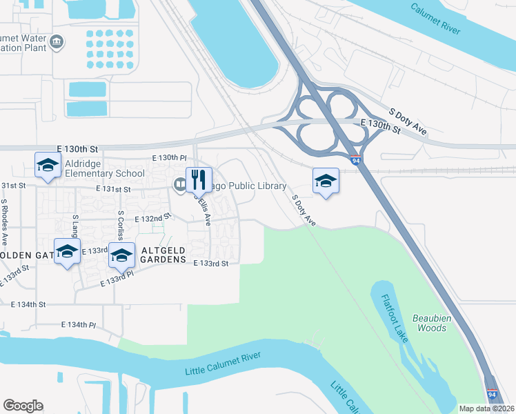 map of restaurants, bars, coffee shops, grocery stores, and more near 1101-1199 E 131st St in Chicago