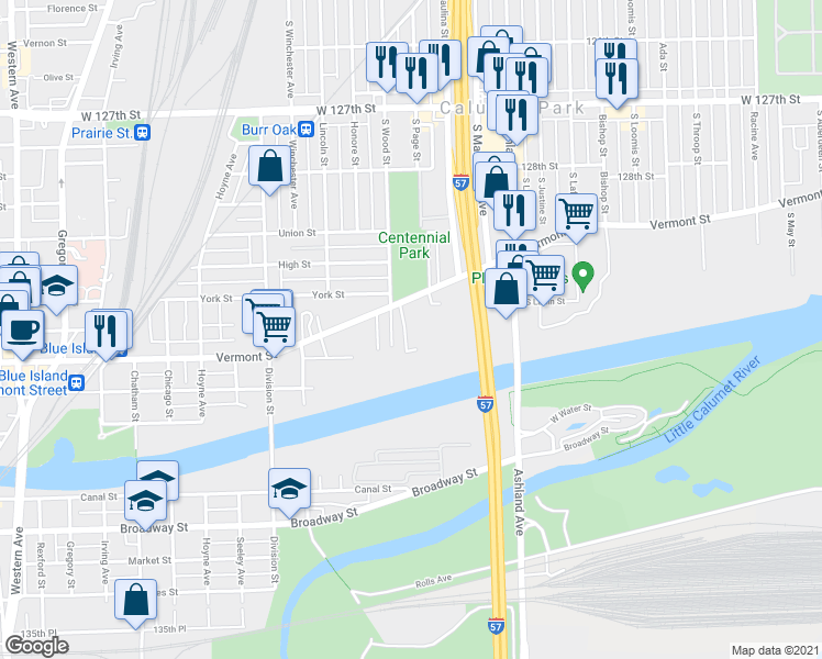 map of restaurants, bars, coffee shops, grocery stores, and more near 13033 South Wood Street in Blue Island