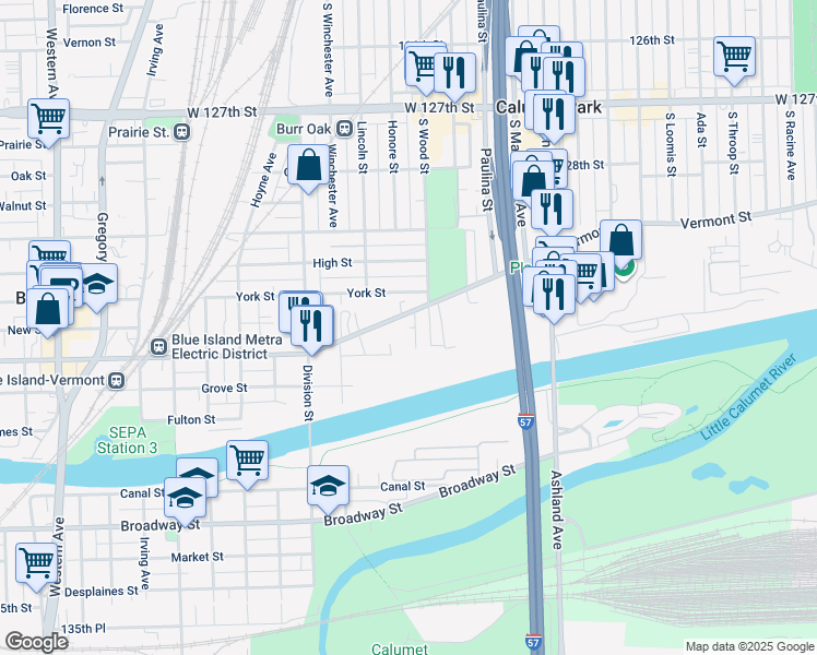 map of restaurants, bars, coffee shops, grocery stores, and more near 13029 Honore Street in Blue Island