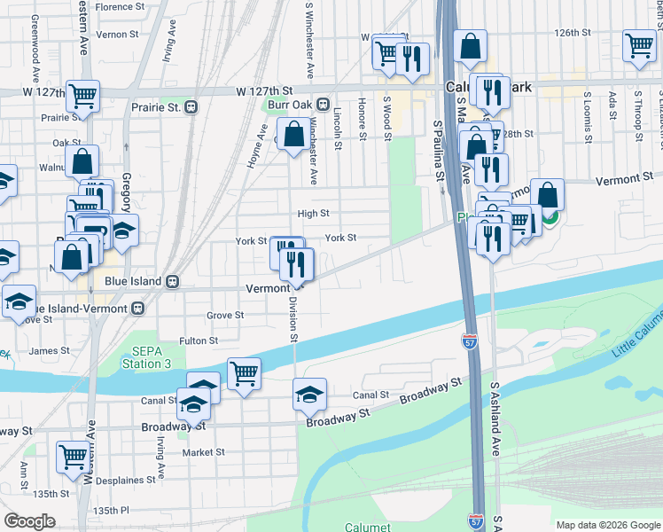 map of restaurants, bars, coffee shops, grocery stores, and more near 1922 Vermont Street in Blue Island