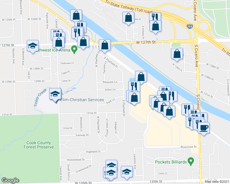 map of restaurants, bars, coffee shops, grocery stores, and more near 5243 Arbor Lane in Crestwood