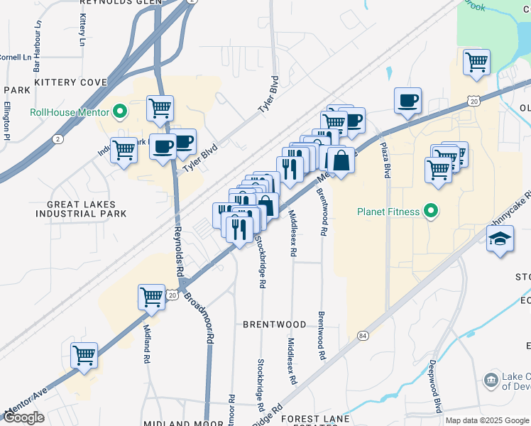 map of restaurants, bars, coffee shops, grocery stores, and more near 7535 Mentor Avenue in Mentor