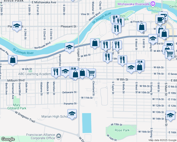 map of restaurants, bars, coffee shops, grocery stores, and more near 1122 West 7th Street in Mishawaka