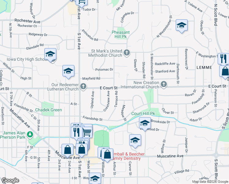 map of restaurants, bars, coffee shops, grocery stores, and more near 407 Terrace Road in Iowa City